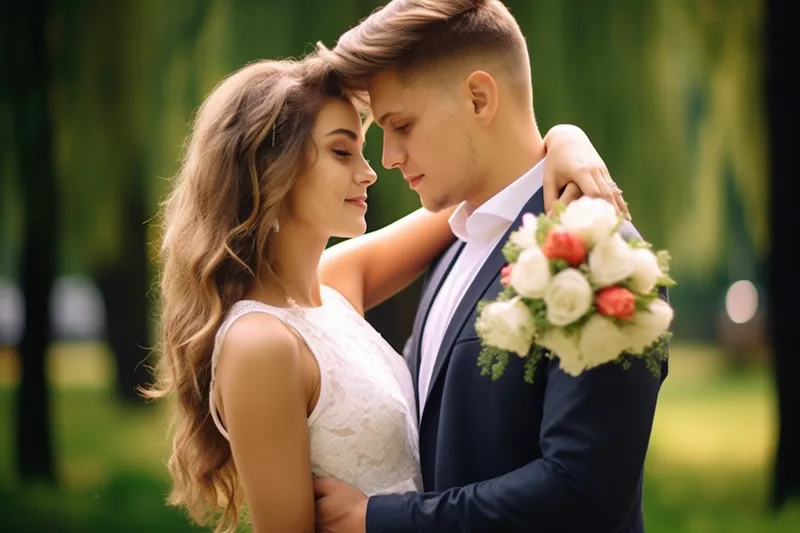 婚礼相拥的新婚夫妇浪漫摄影图(4032x2688)