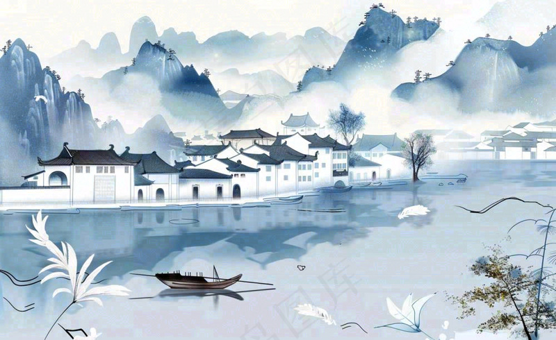 水墨山水江南水乡屋檐白露寒露冷清插画背景(1408x864)