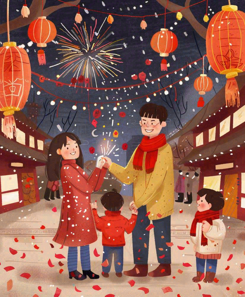 新年一家人游玩张灯结彩热闹喜庆放烟花街道小年除夕春节卡通插画背景(992x1200)