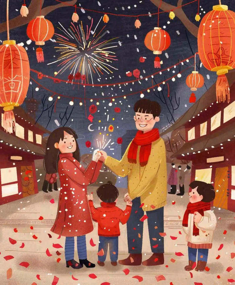 新年一家人游玩张灯结彩热闹喜庆放烟花街道小年除夕春节卡通插画背景(992x1200)