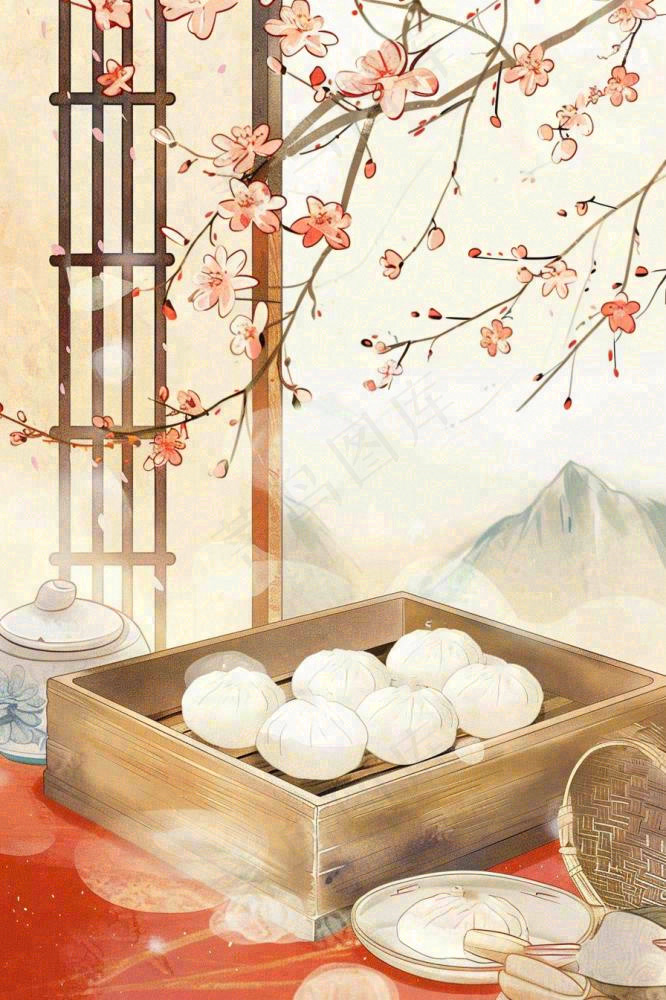 古风插画美食饺子包子梅花古风窗户冬至插画背景(896x1344)