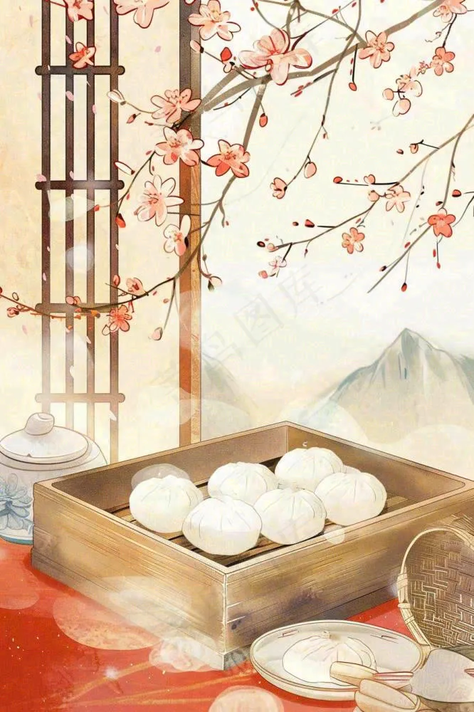 古风插画美食饺子包子梅花古风窗户冬至插画背景(896x1344)