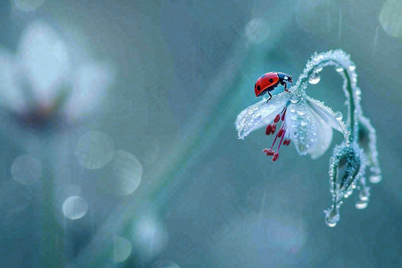 下雨天白色花朵上的七星瓢虫昆虫春天雨水谷雨摄影图(1344x896)