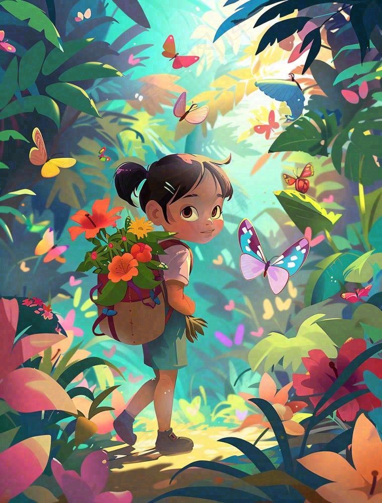 夏天户外森林丛林冒险的青少年背包旅行探险卡通插画背景(960x1264)