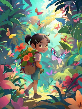 夏天户外森林丛林冒险的青少年背包旅行探险卡通插画背景