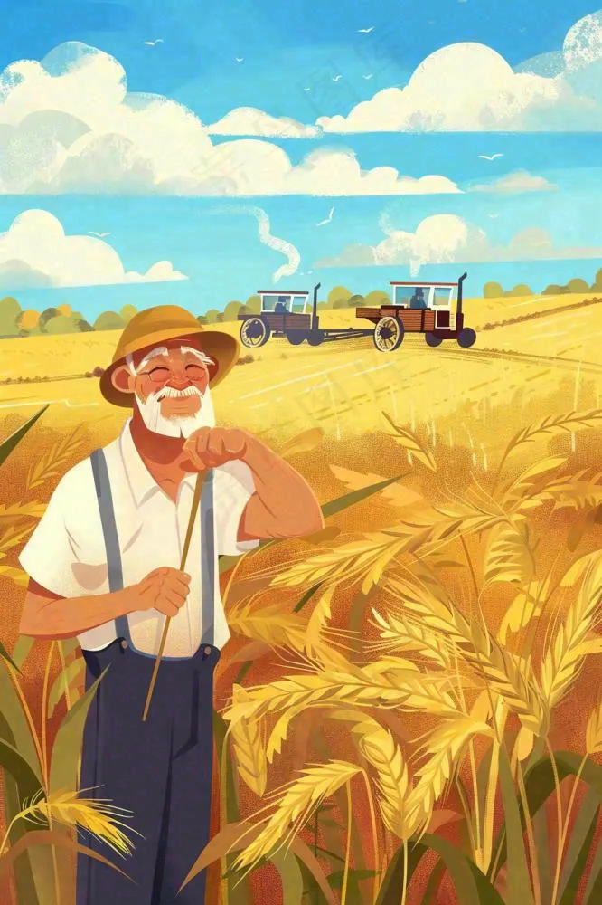 秋天农民伯伯秋收小麦丰收粮食金黄风车芒种立秋秋分卡通插画背景(896x1344)