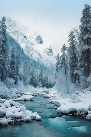 新疆冬季结冰下雪河流风景摄影图
