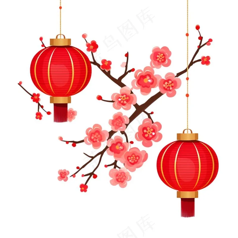 梅花红灯笼新春节日卡通插画免抠(1024x1024)