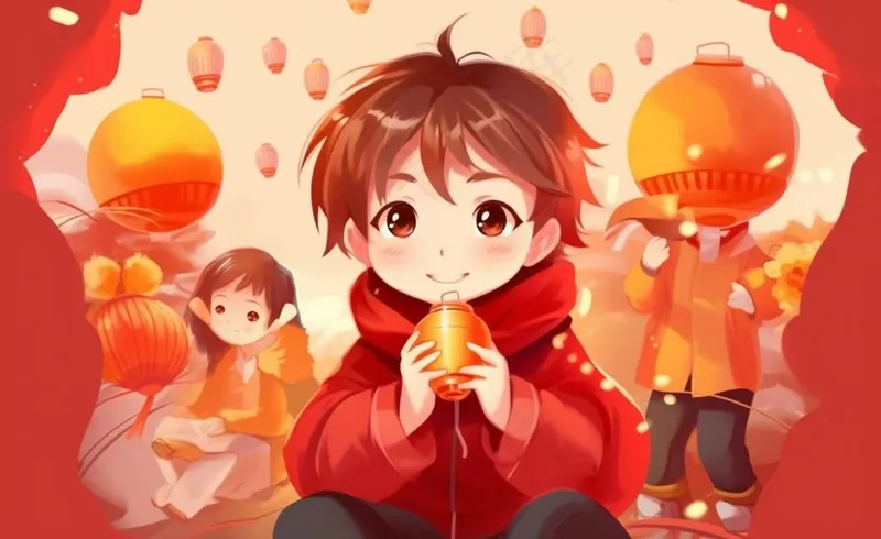新年张灯结彩孩子们玩乐喜庆红色氛围庆祝卡通插画背景(1408x864)