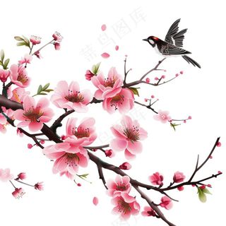 春天桃花树枝小鸟插画免抠