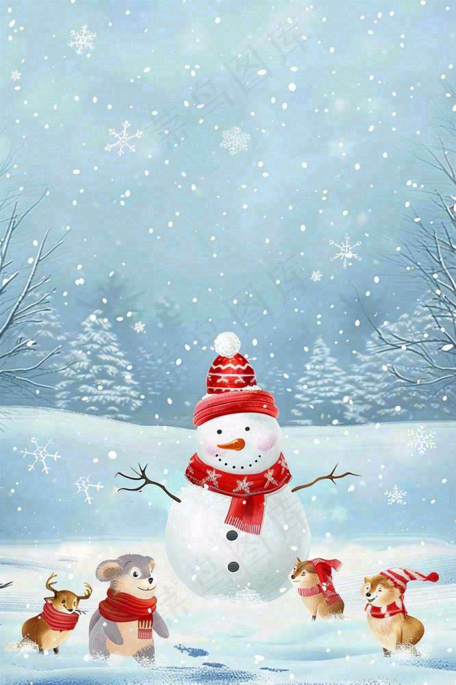 冬天雪地堆雪人动物白雪下雪立冬小雪大雪冬至卡通插画背景(896x1344)