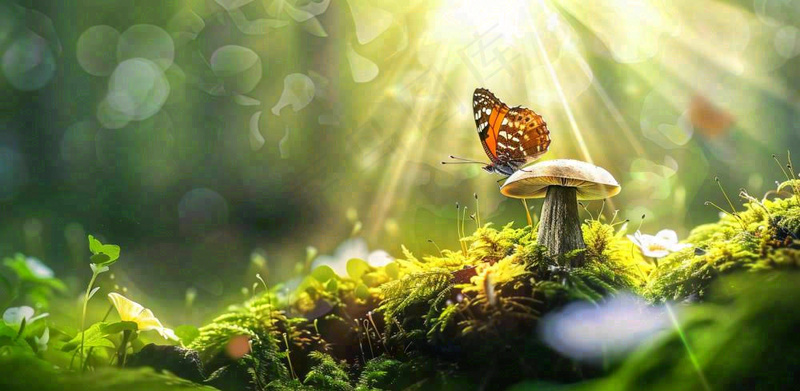 阳光斑驳下的蝴蝶苔藓蘑菇春天森林春分惊蛰摄影图(1568x768)