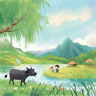 春天下雨天牧童放牛河流柳树雨水谷雨清明卡通插画背景