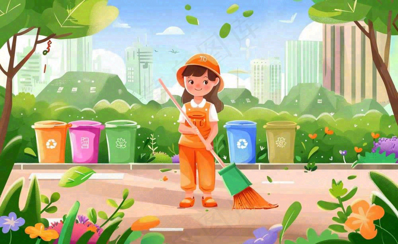 环卫工人清洁街道劳动职业保护环境城市卫生卡通插画背景