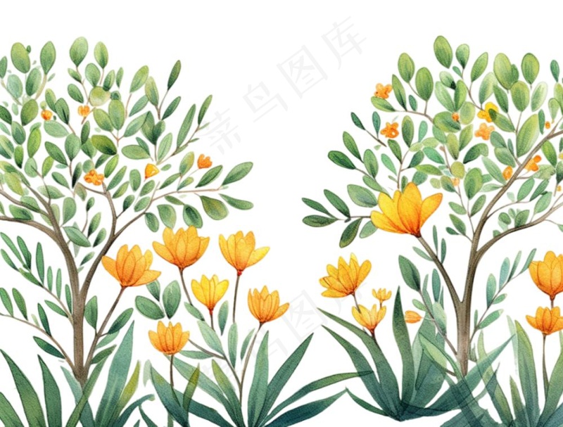 春季春天花草植物水彩鲜花花卉枝叶插画免抠(1264x960)