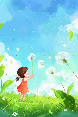 春天蒲公英绿草地蓝天白云红裙子女孩小清新唯美立春春分惊蛰立夏卡通插画背景