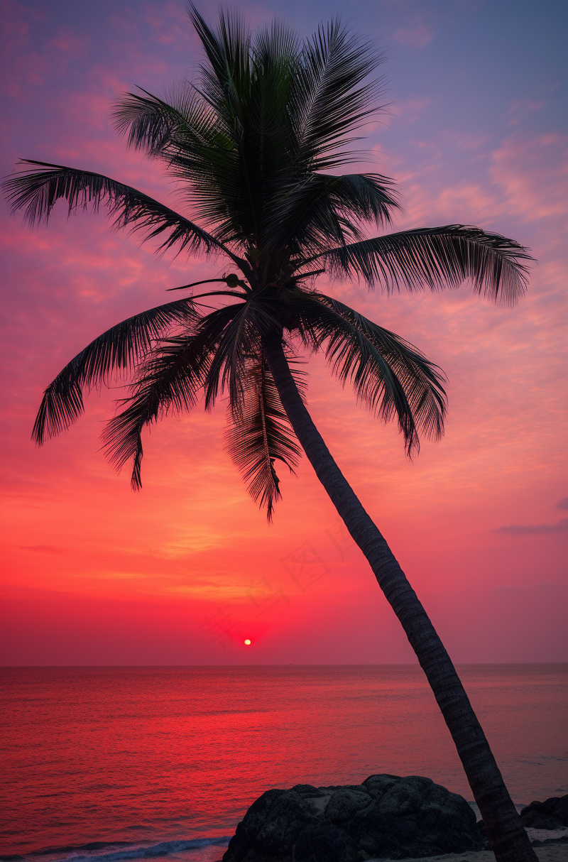 海边沙滩夕阳晚霞日出椰树摄影图