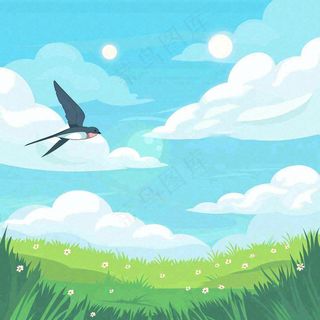 春天绿色草地草丛蓝天白云立春春分惊蛰节气卡通插画背景