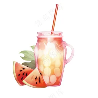 西瓜汁冰镇饮料水果茶卡通插画插图免抠