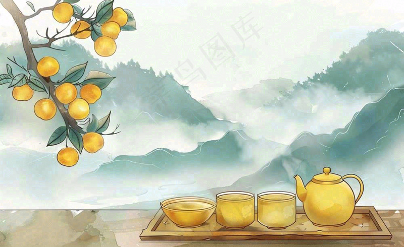 秋天果树杏树下茶壶饮茶卡通插画立秋秋分背景