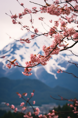 春天雪山下的樱花树美景摄影图
