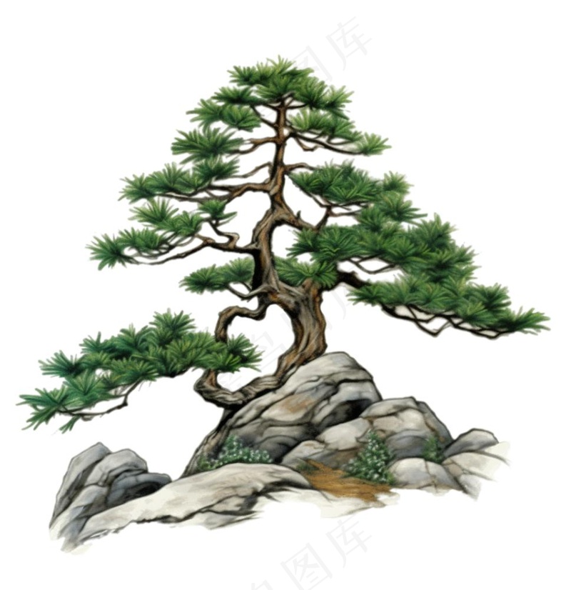 松树石壁上的迎客松古风水墨画插画免抠(1024x1056)