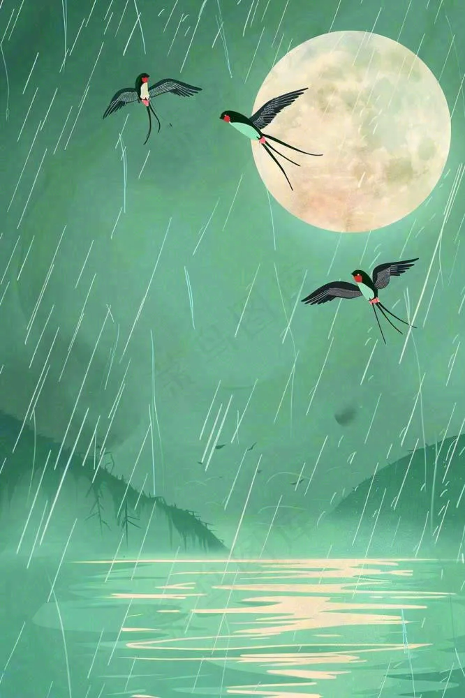 春天雨天夜晚月亮燕子山水画清冷雨水谷雨清明插画 背景(896x1344)