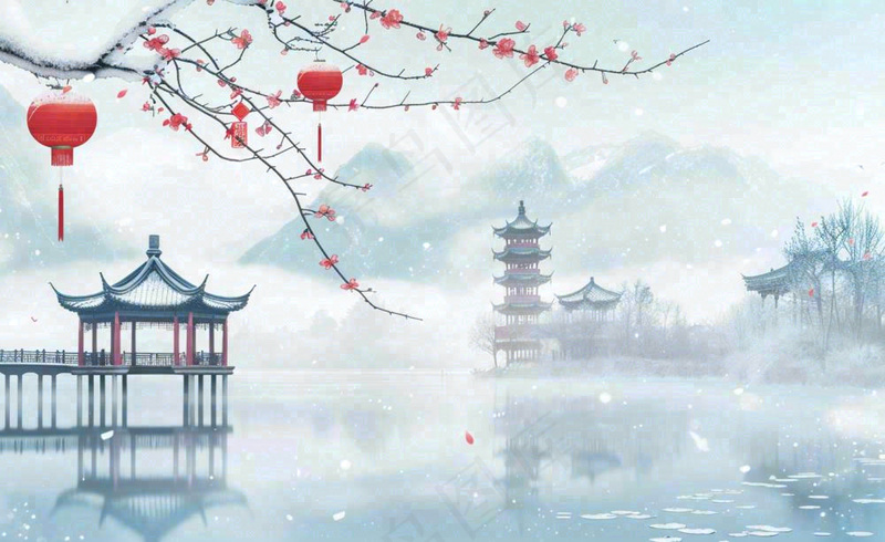 冬天雪景江南风景梅花枝头凉亭红灯笼寒露小雪冬至立冬卡通插画背景(1408x864)