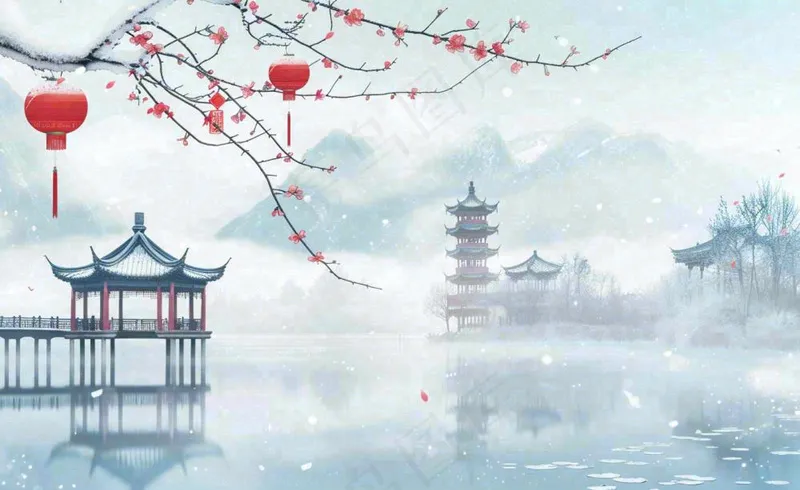 冬天雪景江南风景梅花枝头凉亭红灯笼寒露小雪冬至立冬卡通插画背景(1408x864)