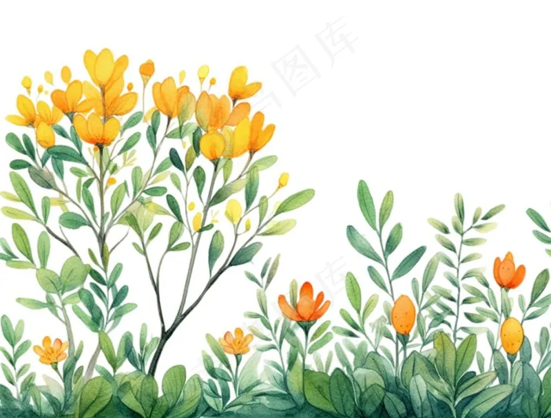 春季春天花草植物水彩鲜花花卉枝叶插画免抠(1264x960)