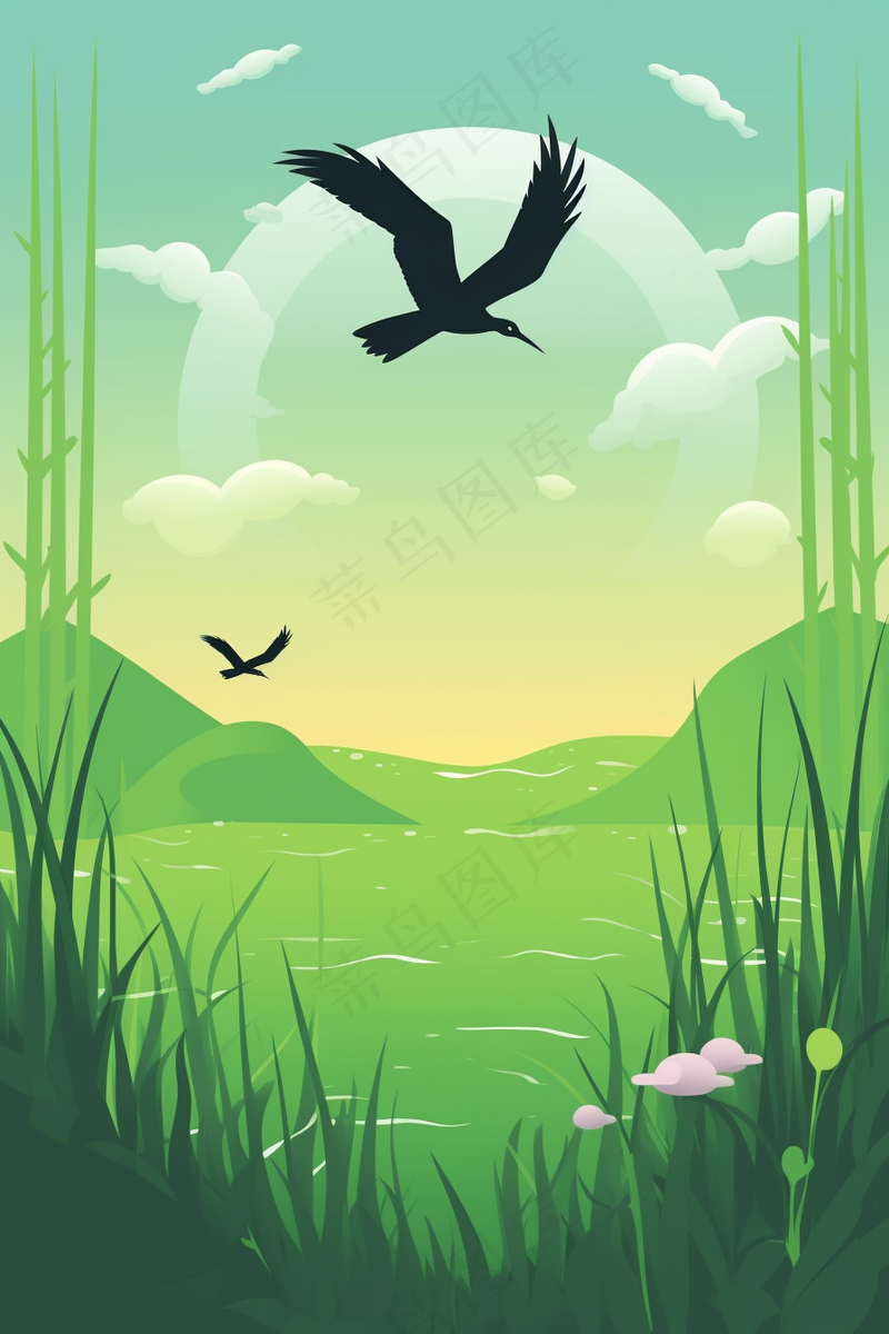 春天湿地绿意万物生长大雁绿色卡通插画背景(2688x4032)