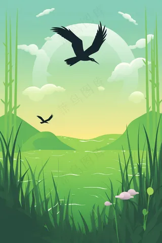 春天湿地绿意万物生长大雁绿色卡通插画背景