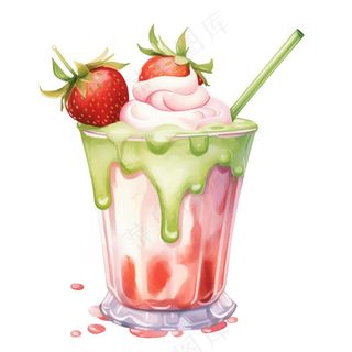 草莓抹茶奶茶冰淇淋奶茶美味夏日卡通插画免抠