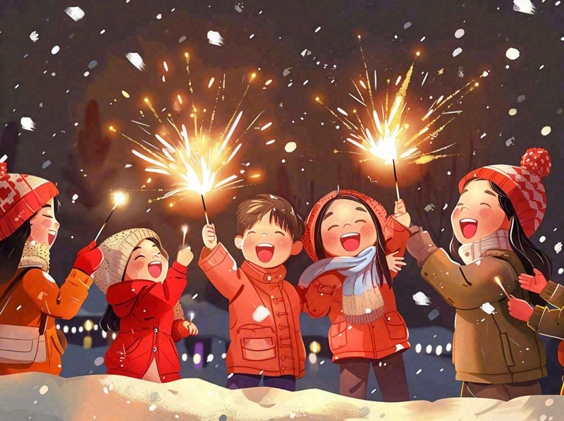 孩童儿童一起放烟花场景开心热闹庆祝新年春节小年除夕夜卡通插画(1264x944)