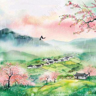 春天春分春暖花开江南山林桃花国画徽式建筑古风水墨插画背景