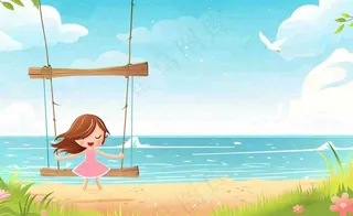 夏天海边风景大海沙滩蓝天白云立夏夏至大暑小暑唯美插画背景