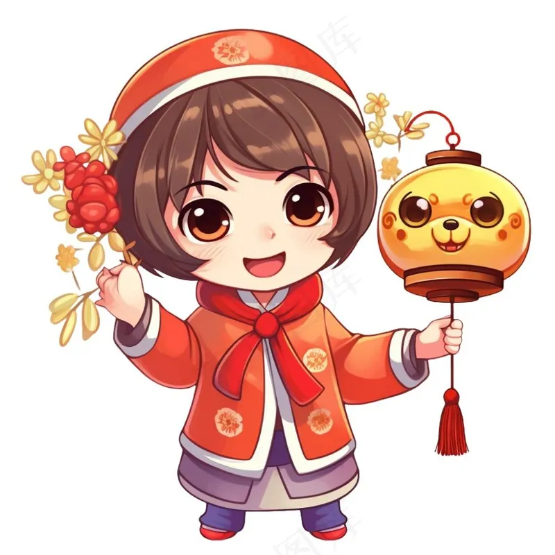 新年儿童拜年张灯结彩国潮春节红色手绘卡通插画免抠(1024x1024)