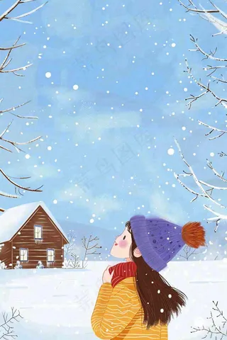 冬天白雪森林小木屋女孩赏雪风景帽子手套立冬冬至小雪大雪唯美卡通插画背景