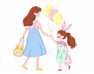 妈妈牵着小孩儿童乐园气球游玩人物卡通插画免抠