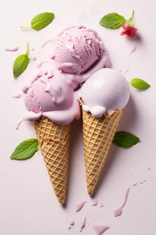 香芋冰淇淋球融化紫色背景摄影图