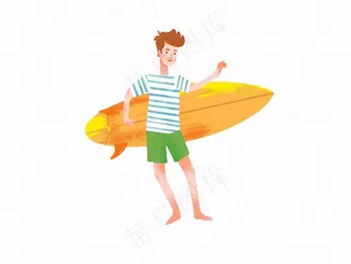 冲浪少年运动卡通人物插画免抠