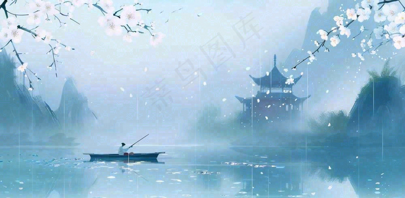 雨水春分背景清明清明节清明节唯美古风意境山水风景插画海报背景