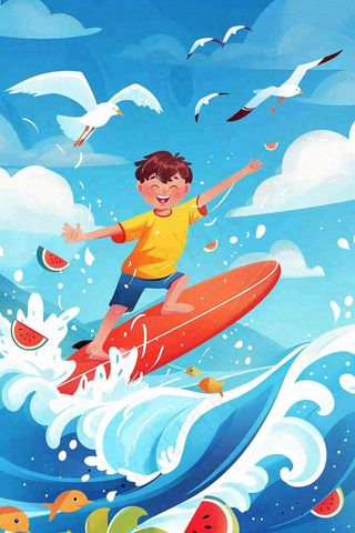 夏日炎热冲浪运动男孩西瓜清凉海鸥立夏夏至小暑大暑卡通插画背景
