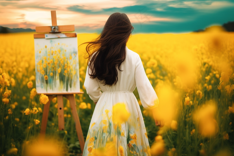 春天少女在油菜花田作画画画摄影图