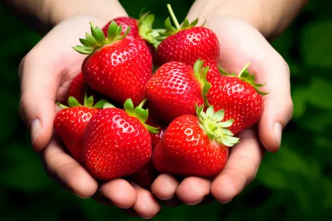 新鲜采摘草莓手捧摄影图 