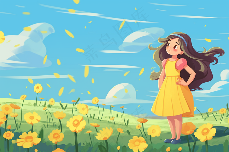 黄裙子女孩花丛中花瓣飞舞风景卡通插画背景(4032x2688)