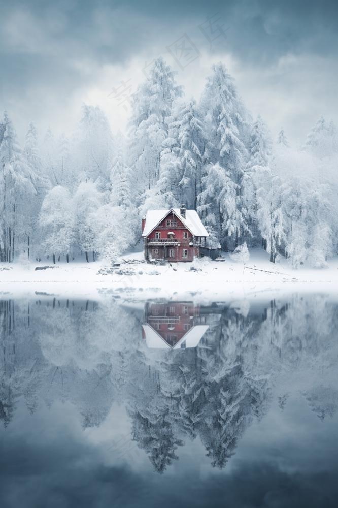 雪景小屋树林背景(896x1344)