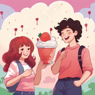 情侣约会粉色爱心泡泡草莓奶茶奶油甜蜜卡通插画背景