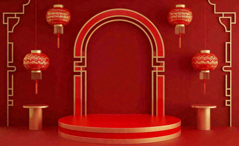 红金创意拱门喜庆新年扇子灯笼C4D展台背景春节背景