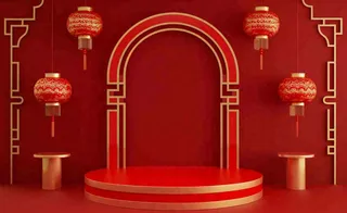 红金创意拱门喜庆新年扇子灯笼C4D展台背景春节背景